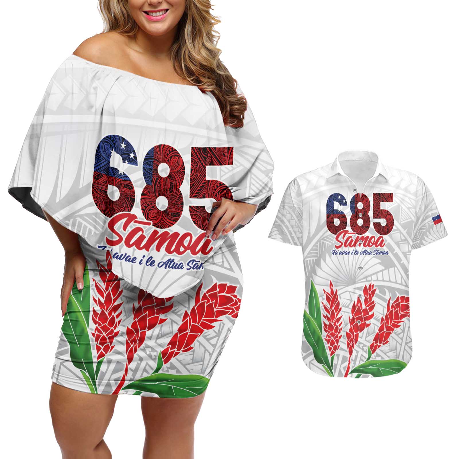 Personalised Samoa 685 Couples Matching Off Shoulder Short Dress and Hawaiian Shirt Teuila Flower With White Samoan Tattoo