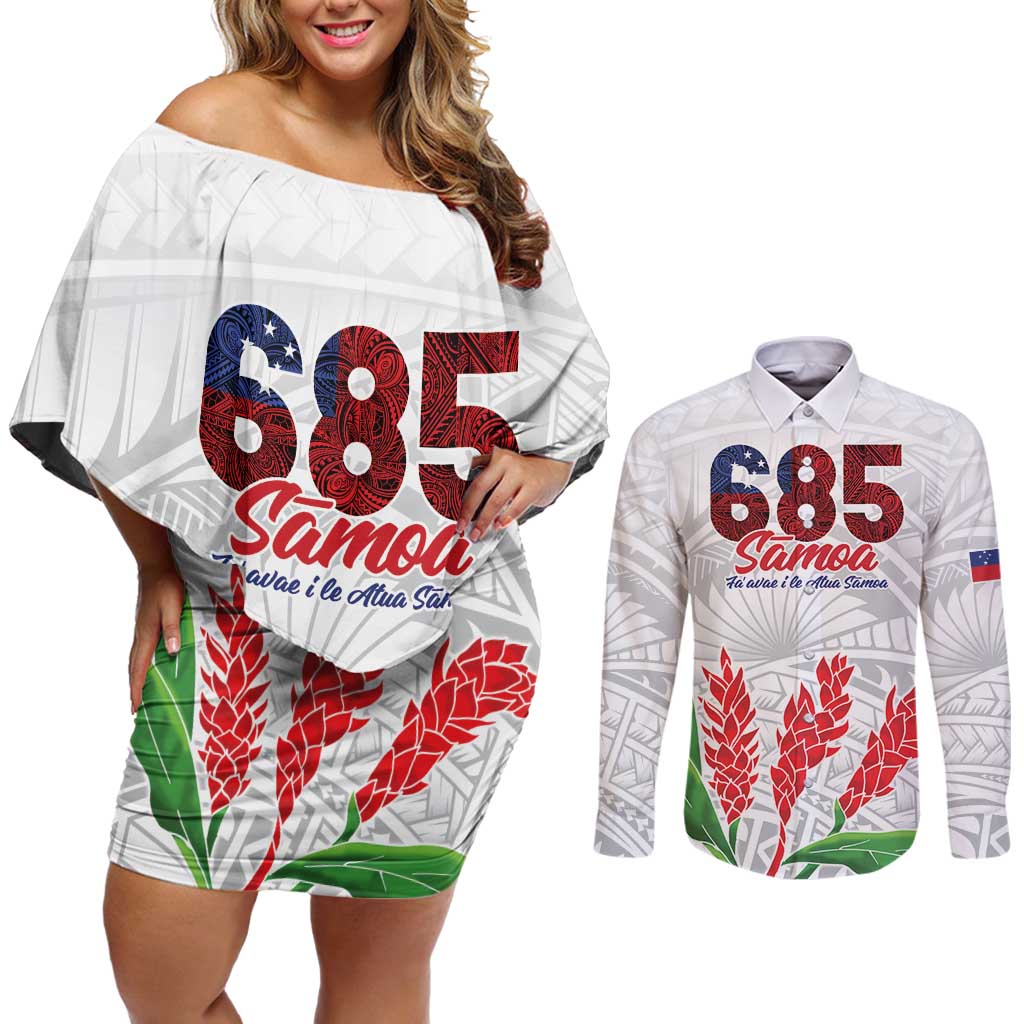 Personalised Samoa 685 Couples Matching Off Shoulder Short Dress and Long Sleeve Button Shirt Teuila Flower With White Samoan Tattoo