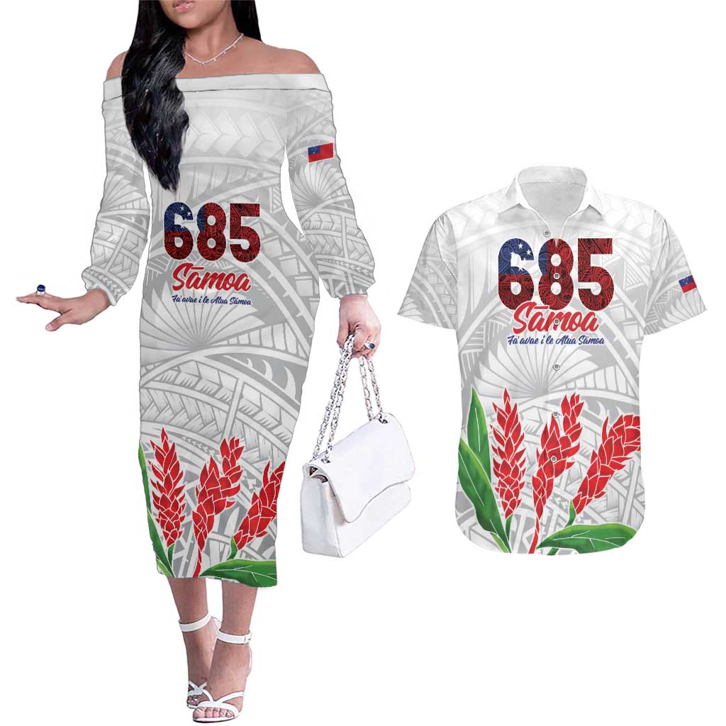 Personalised Samoa 685 Couples Matching Off The Shoulder Long Sleeve Dress and Hawaiian Shirt Teuila Flower With White Samoan Tattoo