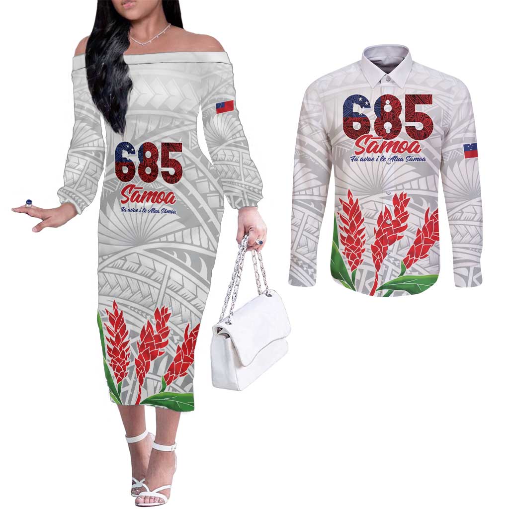 Personalised Samoa 685 Couples Matching Off The Shoulder Long Sleeve Dress and Long Sleeve Button Shirt Teuila Flower With White Samoan Tattoo