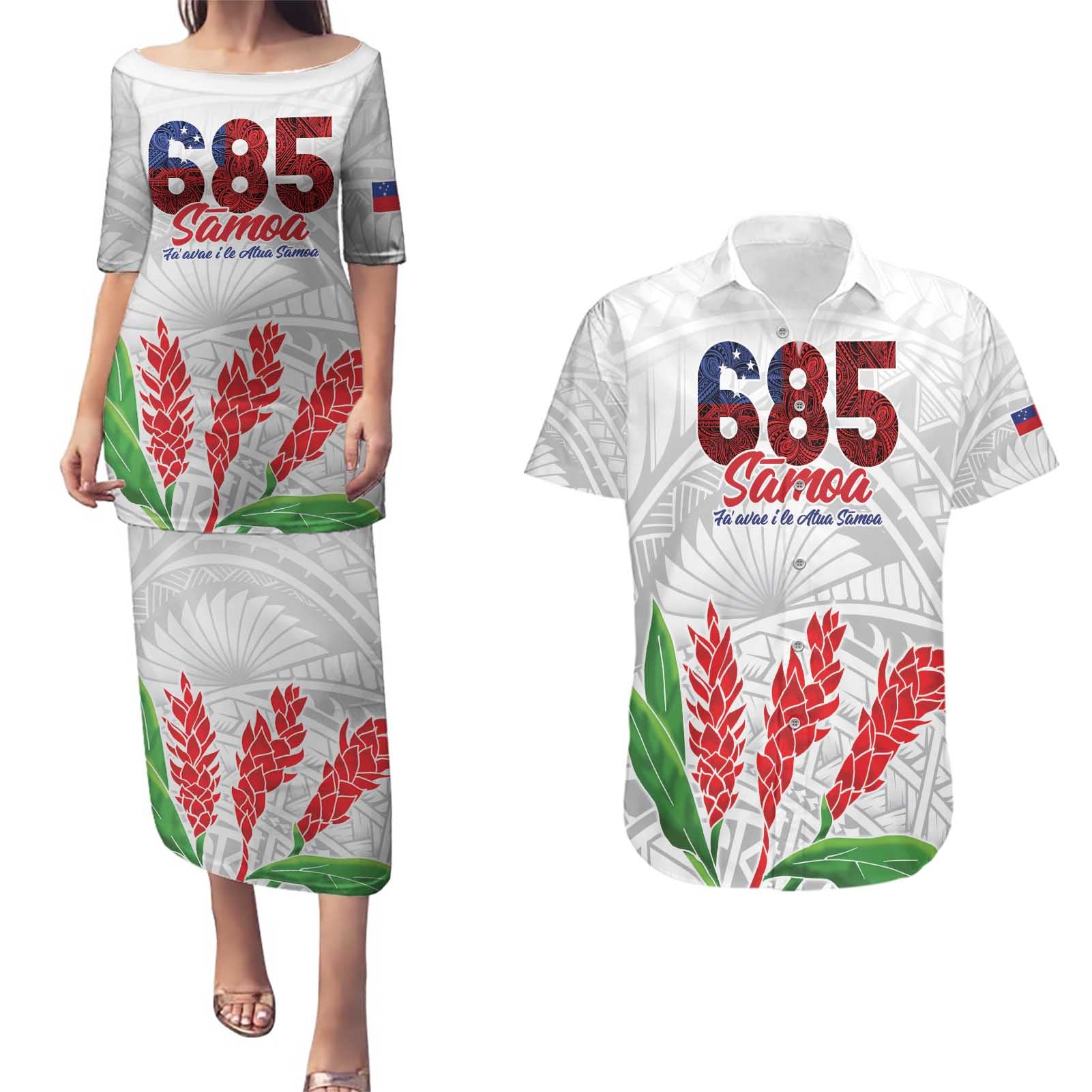 Personalised Samoa 685 Couples Matching Puletasi and Hawaiian Shirt Teuila Flower With White Samoan Tattoo