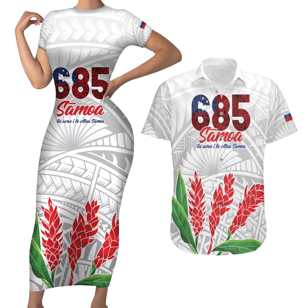 Personalised Samoa 685 Couples Matching Short Sleeve Bodycon Dress and Hawaiian Shirt Teuila Flower With White Samoan Tattoo