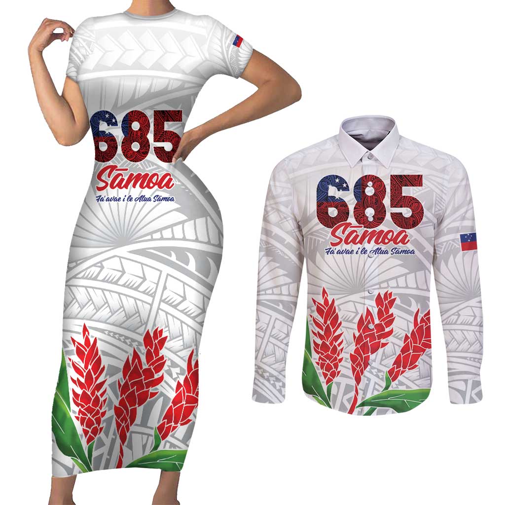 Personalised Samoa 685 Couples Matching Short Sleeve Bodycon Dress and Long Sleeve Button Shirt Teuila Flower With White Samoan Tattoo