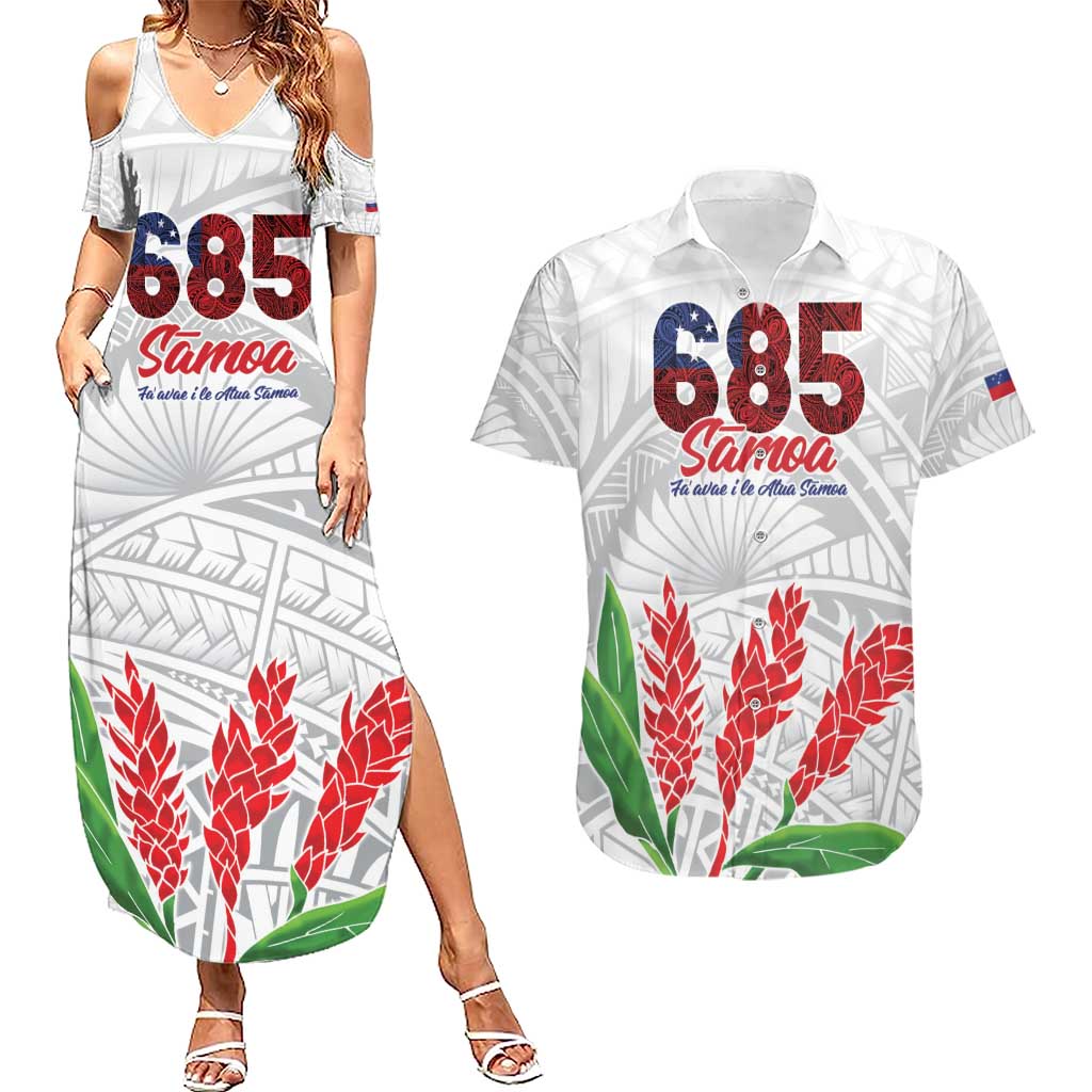 Personalised Samoa 685 Couples Matching Summer Maxi Dress and Hawaiian Shirt Teuila Flower With White Samoan Tattoo