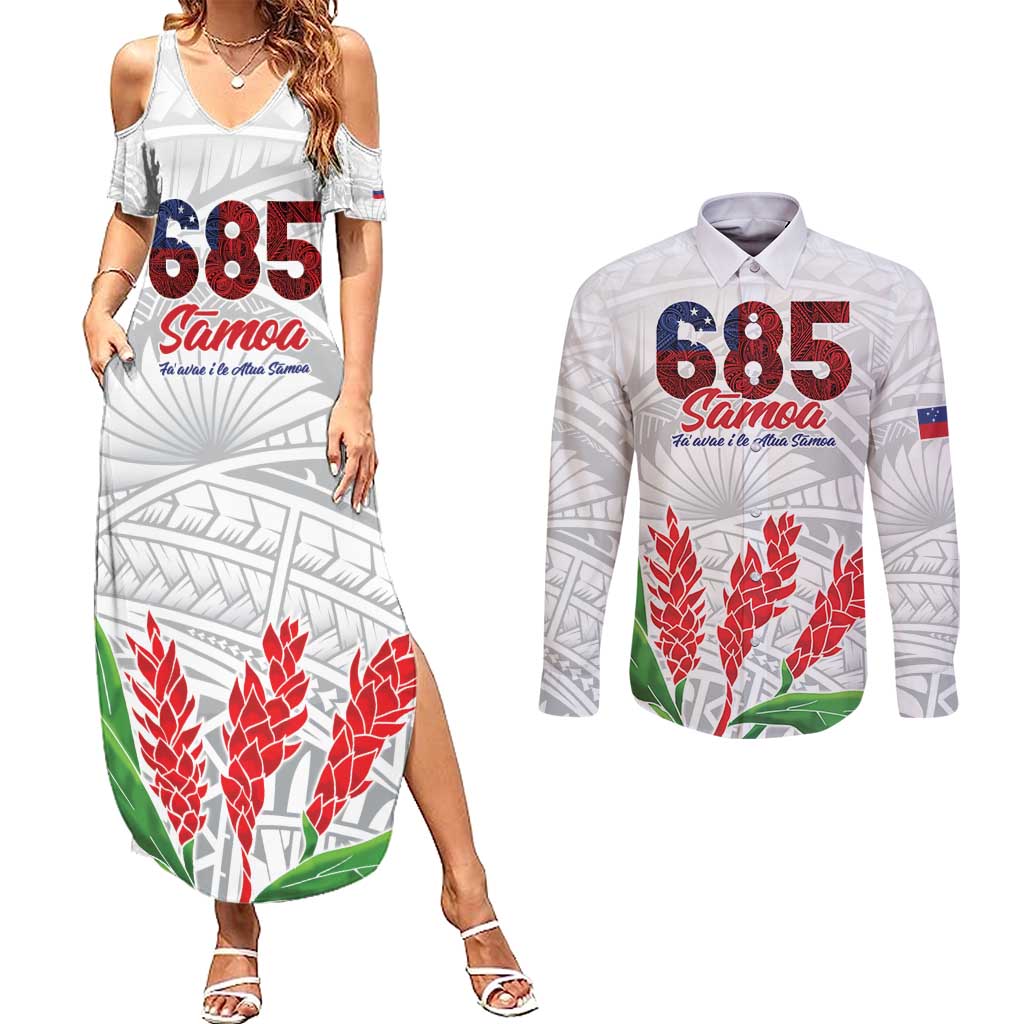 Personalised Samoa 685 Couples Matching Summer Maxi Dress and Long Sleeve Button Shirt Teuila Flower With White Samoan Tattoo