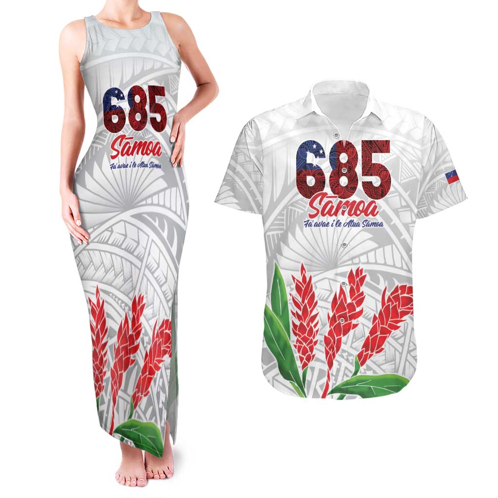 Personalised Samoa 685 Couples Matching Tank Maxi Dress and Hawaiian Shirt Teuila Flower With White Samoan Tattoo