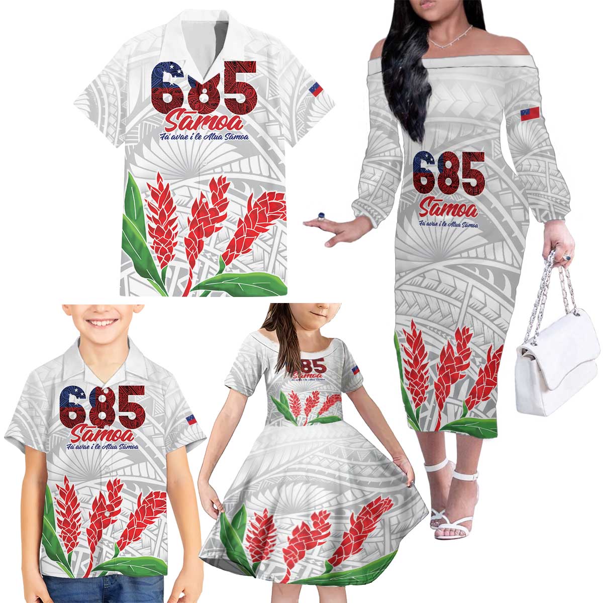 Personalised Samoa 685 Family Matching Off The Shoulder Long Sleeve Dress and Hawaiian Shirt Teuila Flower With White Samoan Tattoo