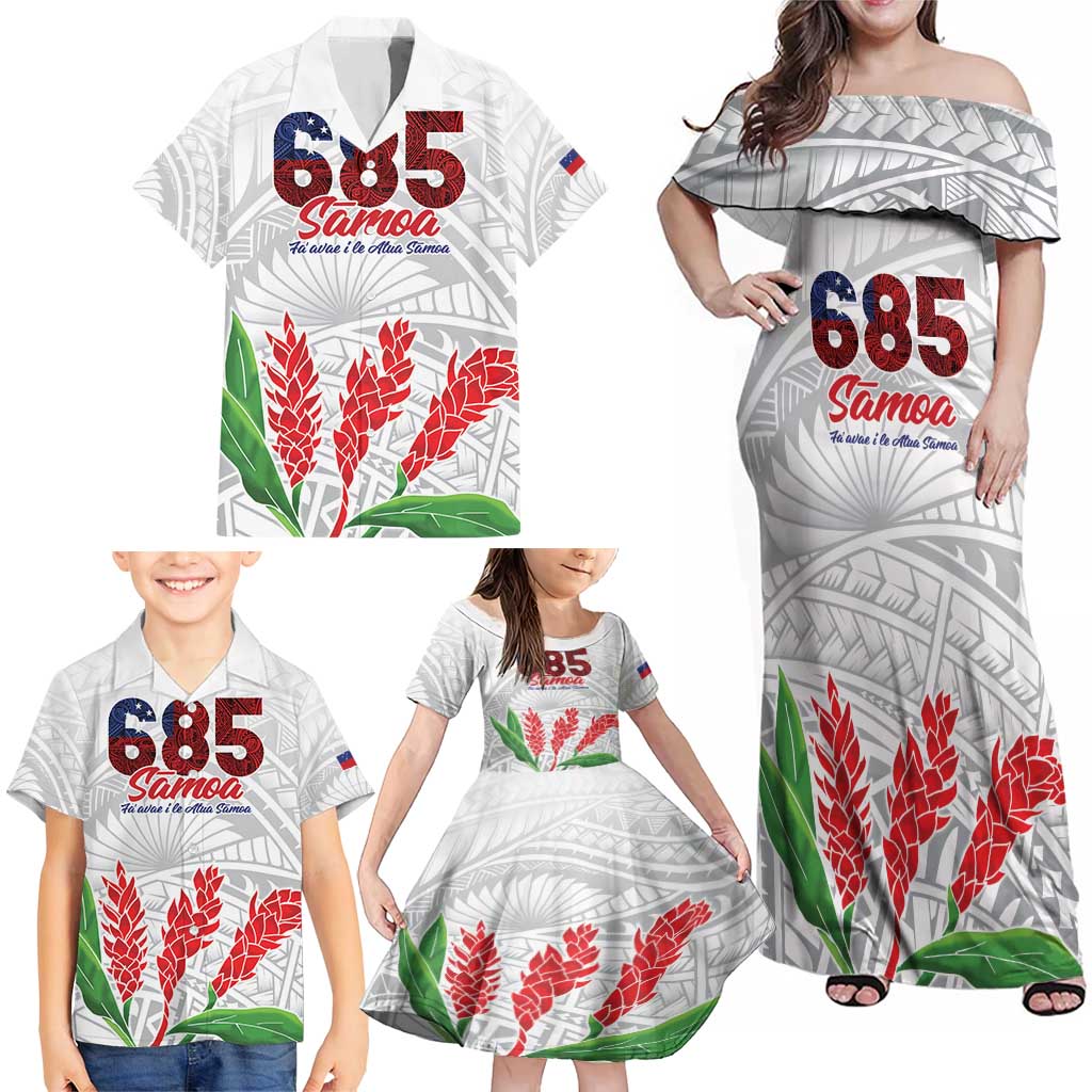 Personalised Samoa 685 Family Matching Off Shoulder Maxi Dress and Hawaiian Shirt Teuila Flower With White Samoan Tattoo