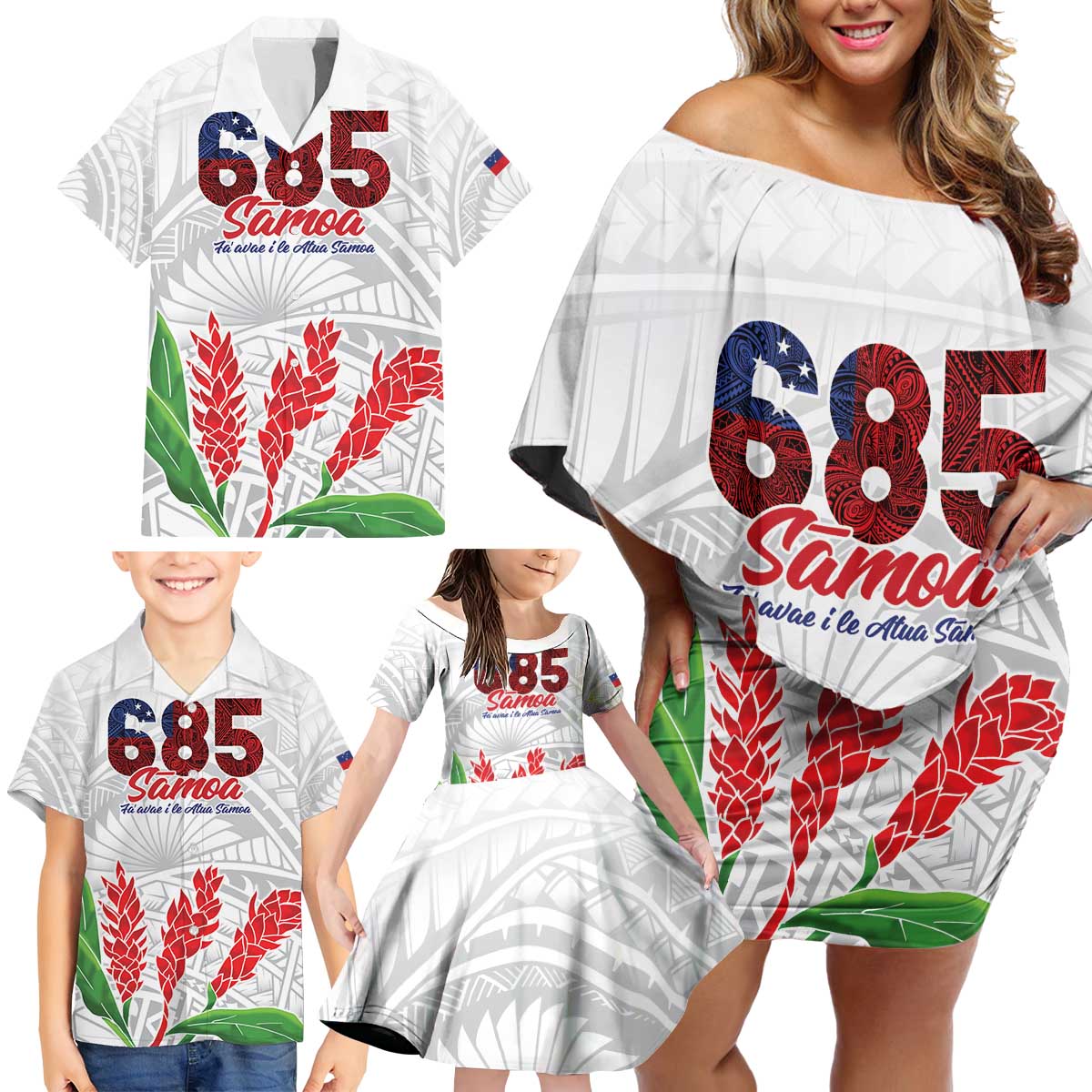 Personalised Samoa 685 Family Matching Off Shoulder Short Dress and Hawaiian Shirt Teuila Flower With White Samoan Tattoo