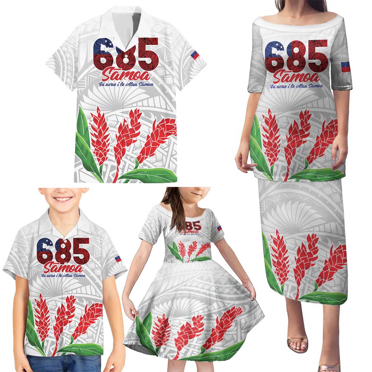Personalised Samoa 685 Family Matching Puletasi and Hawaiian Shirt Teuila Flower With White Samoan Tattoo