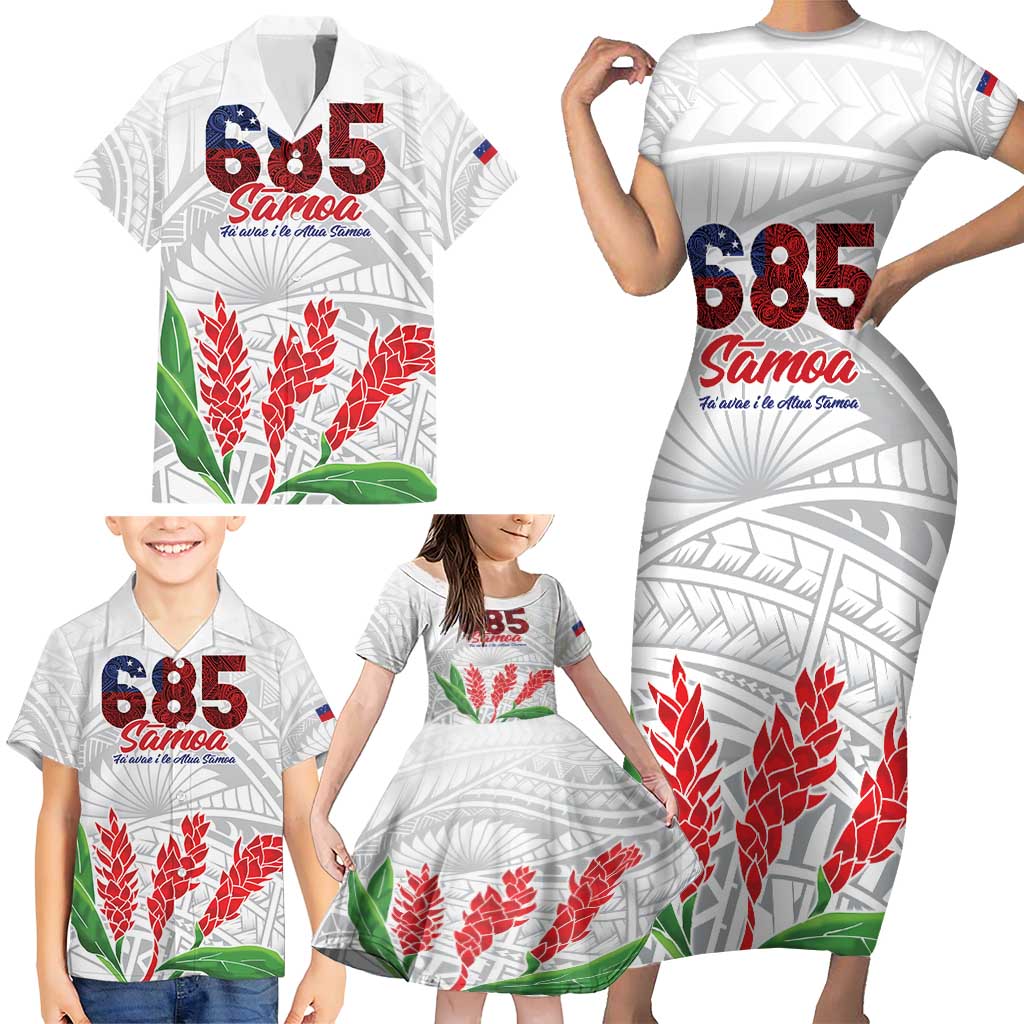 Personalised Samoa 685 Family Matching Short Sleeve Bodycon Dress and Hawaiian Shirt Teuila Flower With White Samoan Tattoo