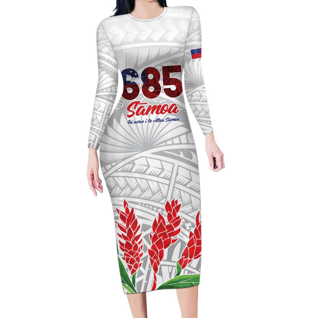 Personalised Samoa 685 Long Sleeve Bodycon Dress Teuila Flower With White Samoan Tattoo