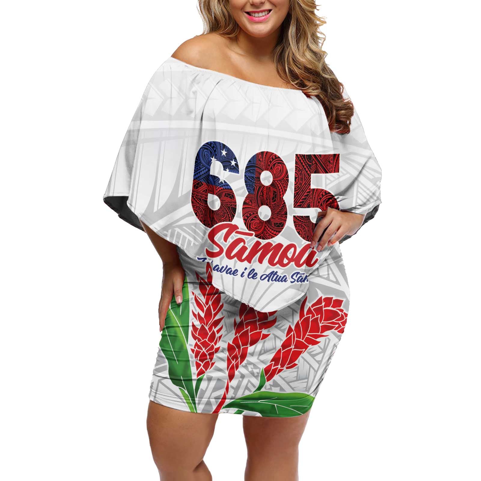 Personalised Samoa 685 Off Shoulder Short Dress Teuila Flower With White Samoan Tattoo