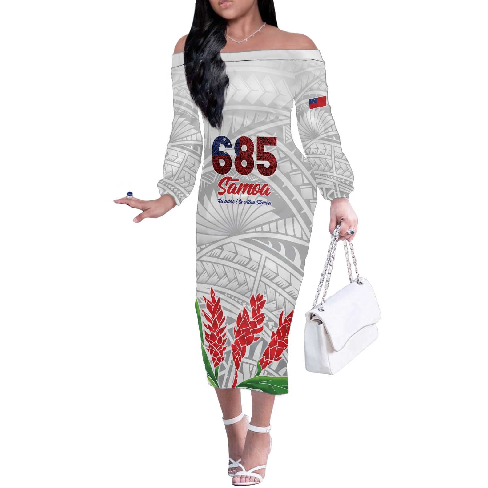 Personalised Samoa 685 Off The Shoulder Long Sleeve Dress Teuila Flower With White Samoan Tattoo
