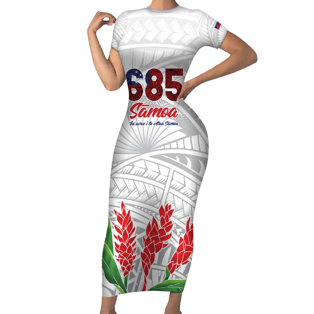 Personalised Samoa 685 Short Sleeve Bodycon Dress Teuila Flower With White Samoan Tattoo