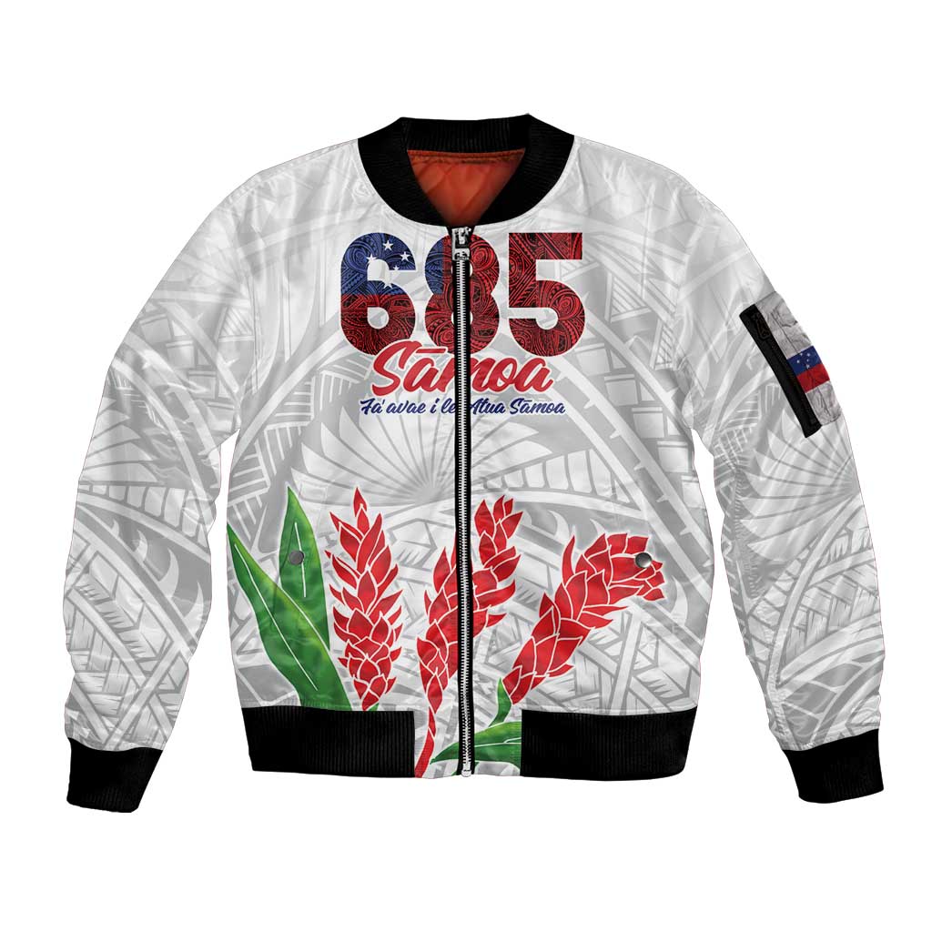 Personalised Samoa 685 Sleeve Zip Bomber Jacket Teuila Flower With White Samoan Tattoo