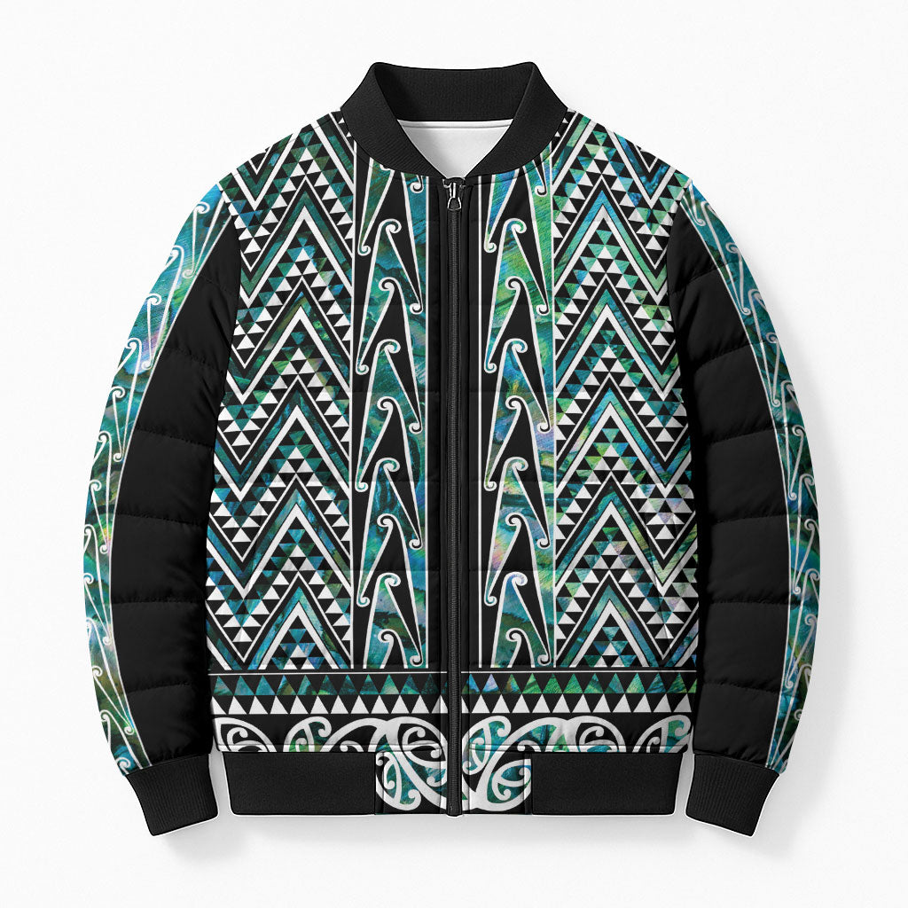 New Zealand Maori Niho Taniwha Bomber Puffer Jacket Papua Shell - Mangopare Puhoro Pattern