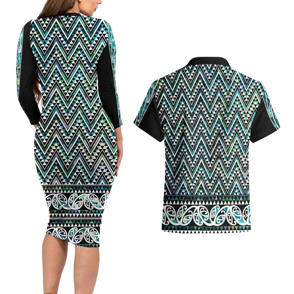 New Zealand Maori Niho Taniwha Couples Matching Long Sleeve Bodycon Dress and Hawaiian Shirt Papua Shell - Mangopare Puhoro Pattern