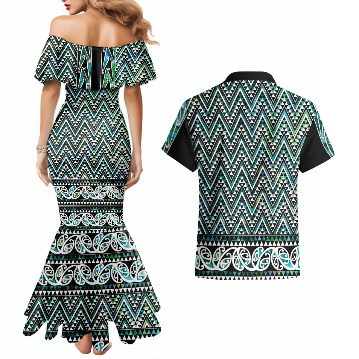 New Zealand Maori Niho Taniwha Couples Matching Mermaid Dress and Hawaiian Shirt Papua Shell - Mangopare Puhoro Pattern