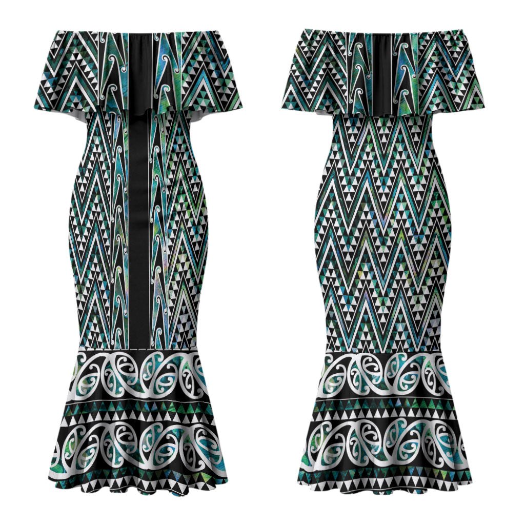 New Zealand Maori Niho Taniwha Couples Matching Mermaid Dress and Long Sleeve Button Shirt Papua Shell - Mangopare Puhoro Pattern LT9 - Polynesian Pride
