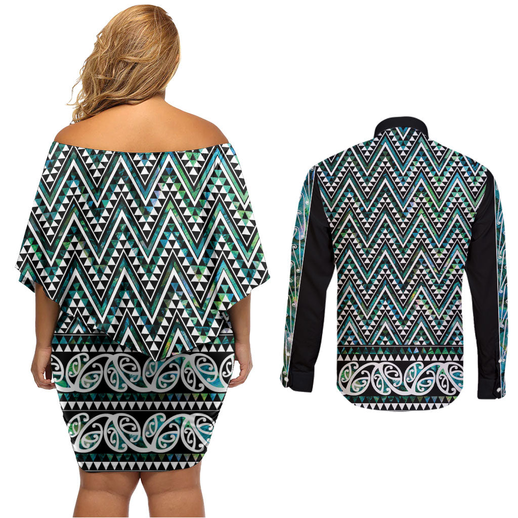 New Zealand Maori Niho Taniwha Couples Matching Off Shoulder Short Dress and Long Sleeve Button Shirt Papua Shell - Mangopare Puhoro Pattern