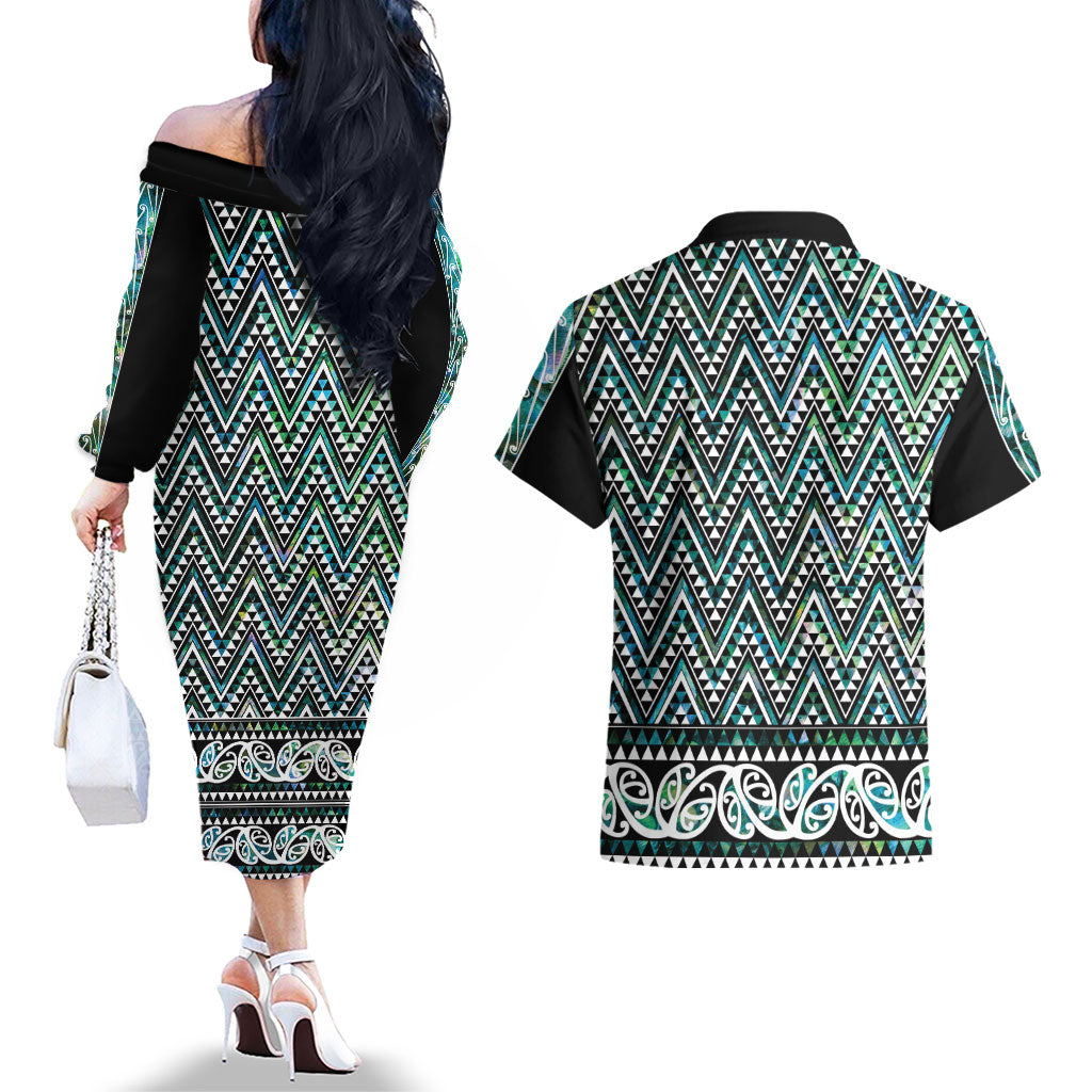 New Zealand Maori Niho Taniwha Couples Matching Off The Shoulder Long Sleeve Dress and Hawaiian Shirt Papua Shell - Mangopare Puhoro Pattern