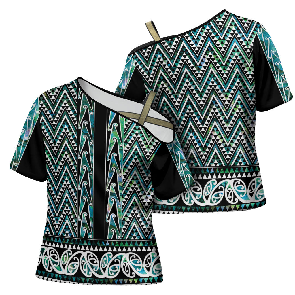 New Zealand Maori Niho Taniwha Cross Shoulder Shirt Papua Shell - Mangopare Puhoro Pattern