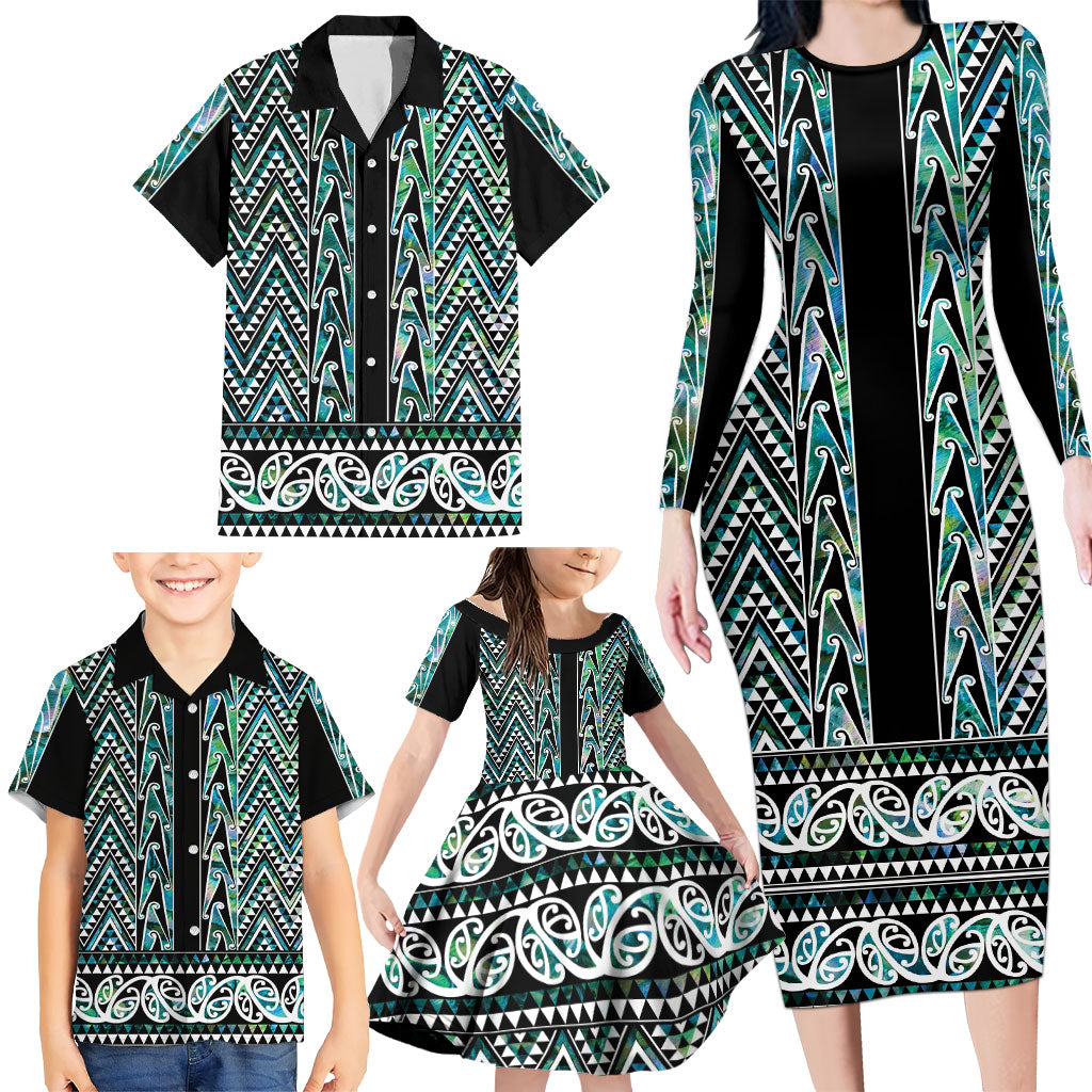 New Zealand Maori Niho Taniwha Family Matching Long Sleeve Bodycon Dress and Hawaiian Shirt Papua Shell - Mangopare Puhoro Pattern
