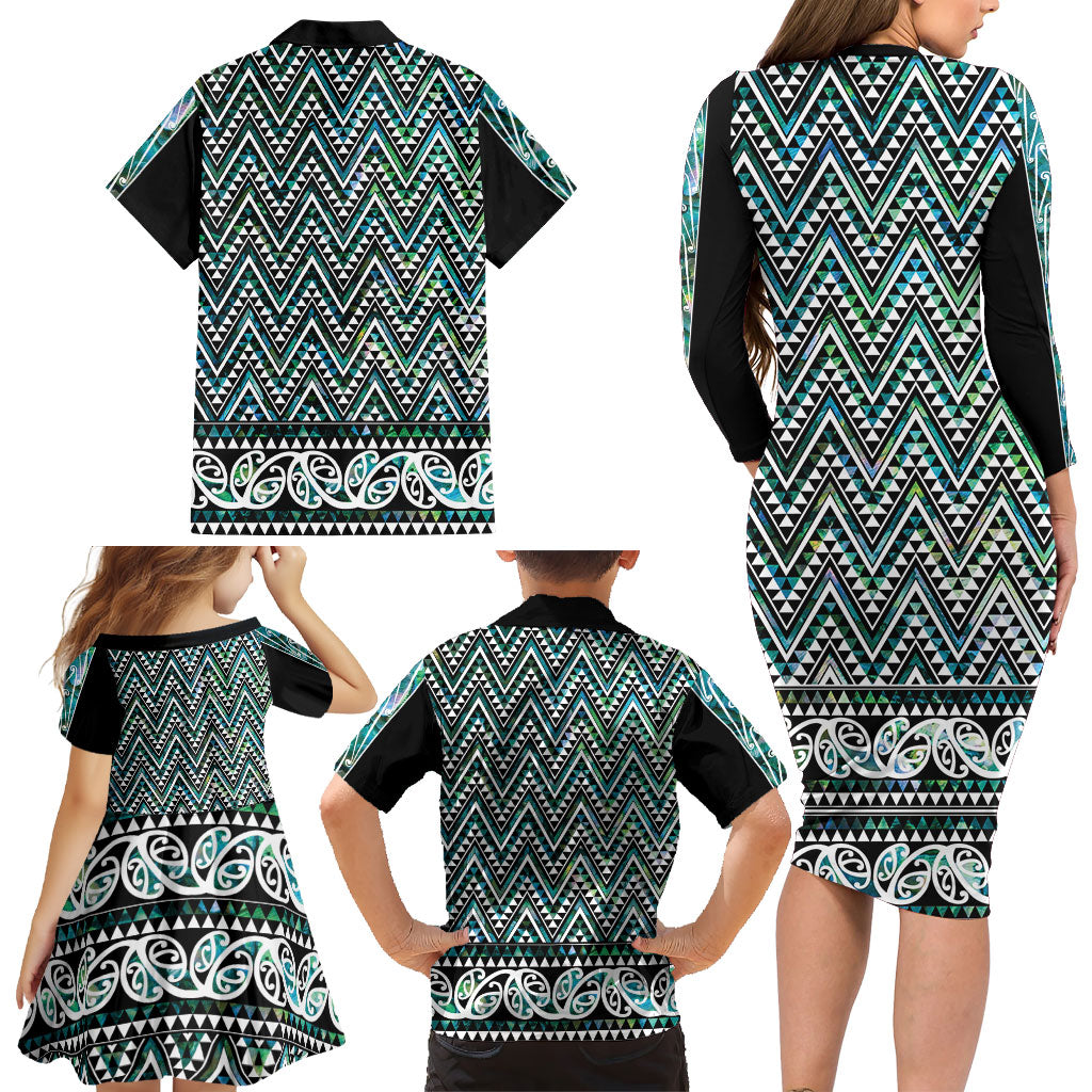 New Zealand Maori Niho Taniwha Family Matching Long Sleeve Bodycon Dress and Hawaiian Shirt Papua Shell - Mangopare Puhoro Pattern