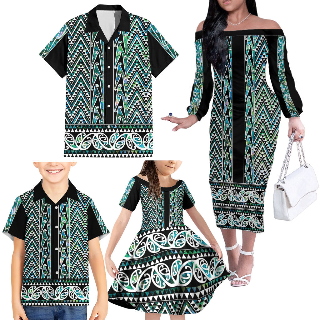 New Zealand Maori Niho Taniwha Family Matching Off The Shoulder Long Sleeve Dress and Hawaiian Shirt Papua Shell - Mangopare Puhoro Pattern