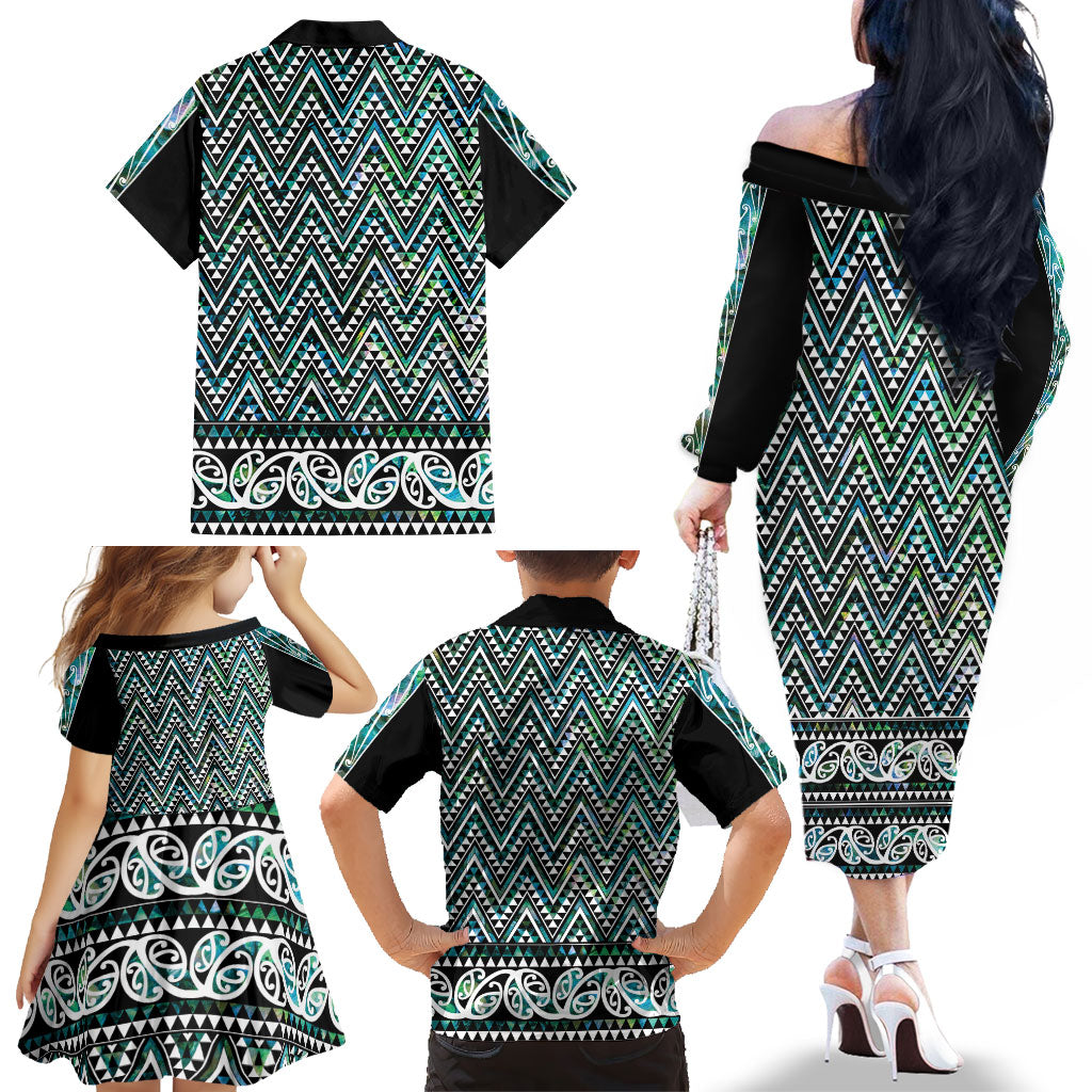 New Zealand Maori Niho Taniwha Family Matching Off The Shoulder Long Sleeve Dress and Hawaiian Shirt Papua Shell - Mangopare Puhoro Pattern