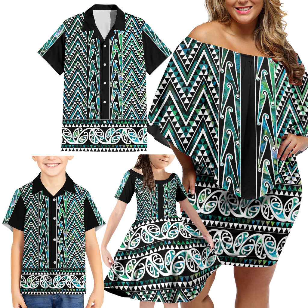 New Zealand Maori Niho Taniwha Family Matching Off Shoulder Short Dress and Hawaiian Shirt Papua Shell - Mangopare Puhoro Pattern
