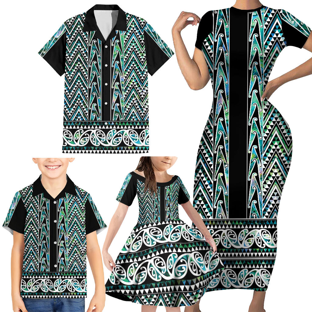 New Zealand Maori Niho Taniwha Family Matching Short Sleeve Bodycon Dress and Hawaiian Shirt Papua Shell - Mangopare Puhoro Pattern