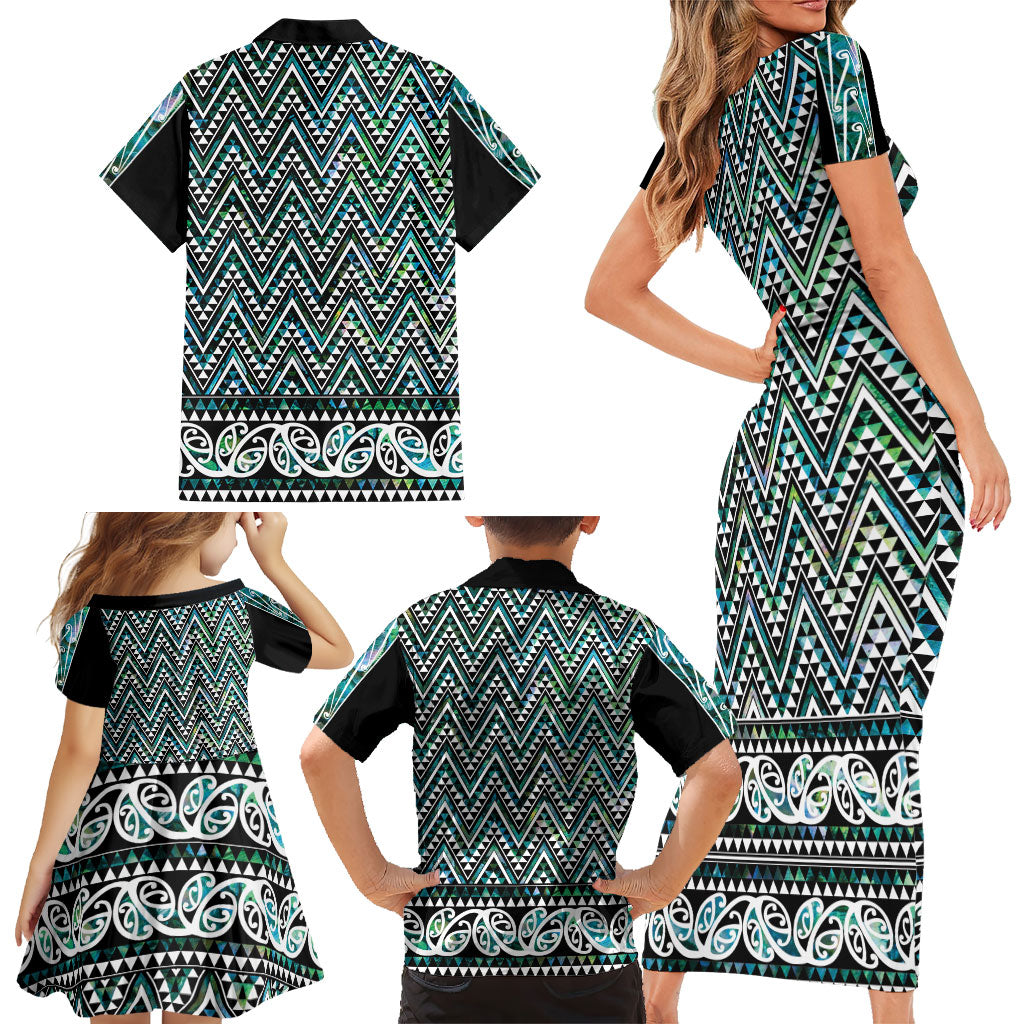 New Zealand Maori Niho Taniwha Family Matching Short Sleeve Bodycon Dress and Hawaiian Shirt Papua Shell - Mangopare Puhoro Pattern
