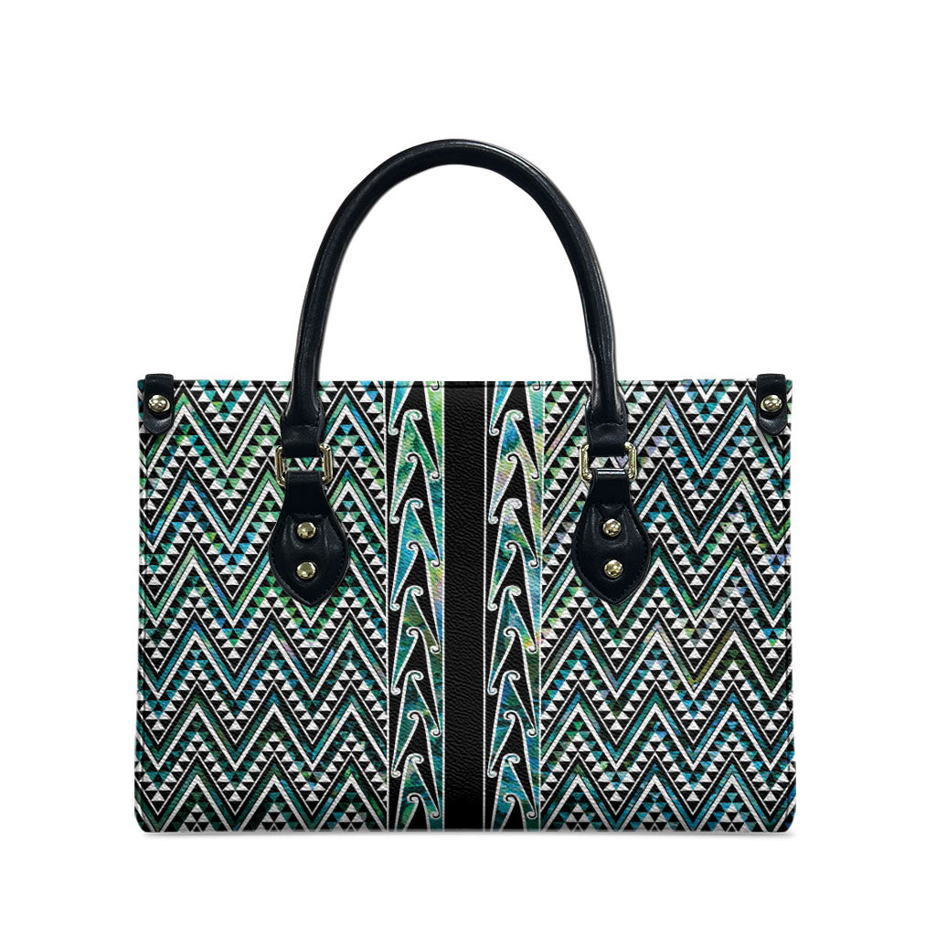 New Zealand Maori Niho Taniwha Leather Bag Papua Shell - Mangopare Puhoro Pattern