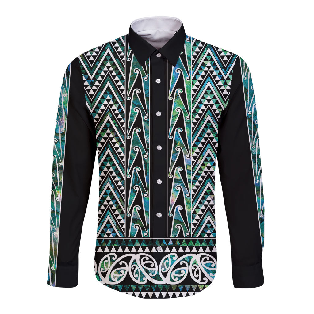 New Zealand Maori Niho Taniwha Long Sleeve Button Shirt Papua Shell - Mangopare Puhoro Pattern