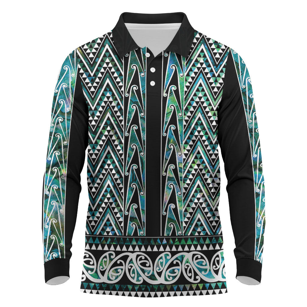 New Zealand Maori Niho Taniwha Long Sleeve Polo Shirt Papua Shell - Mangopare Puhoro Pattern
