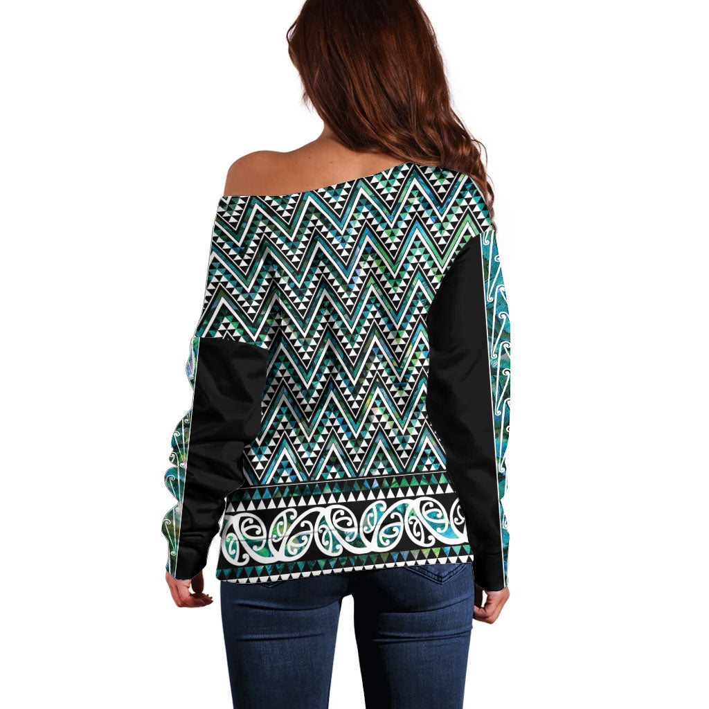 New Zealand Maori Niho Taniwha Off Shoulder Sweater Papua Shell - Mangopare Puhoro Pattern