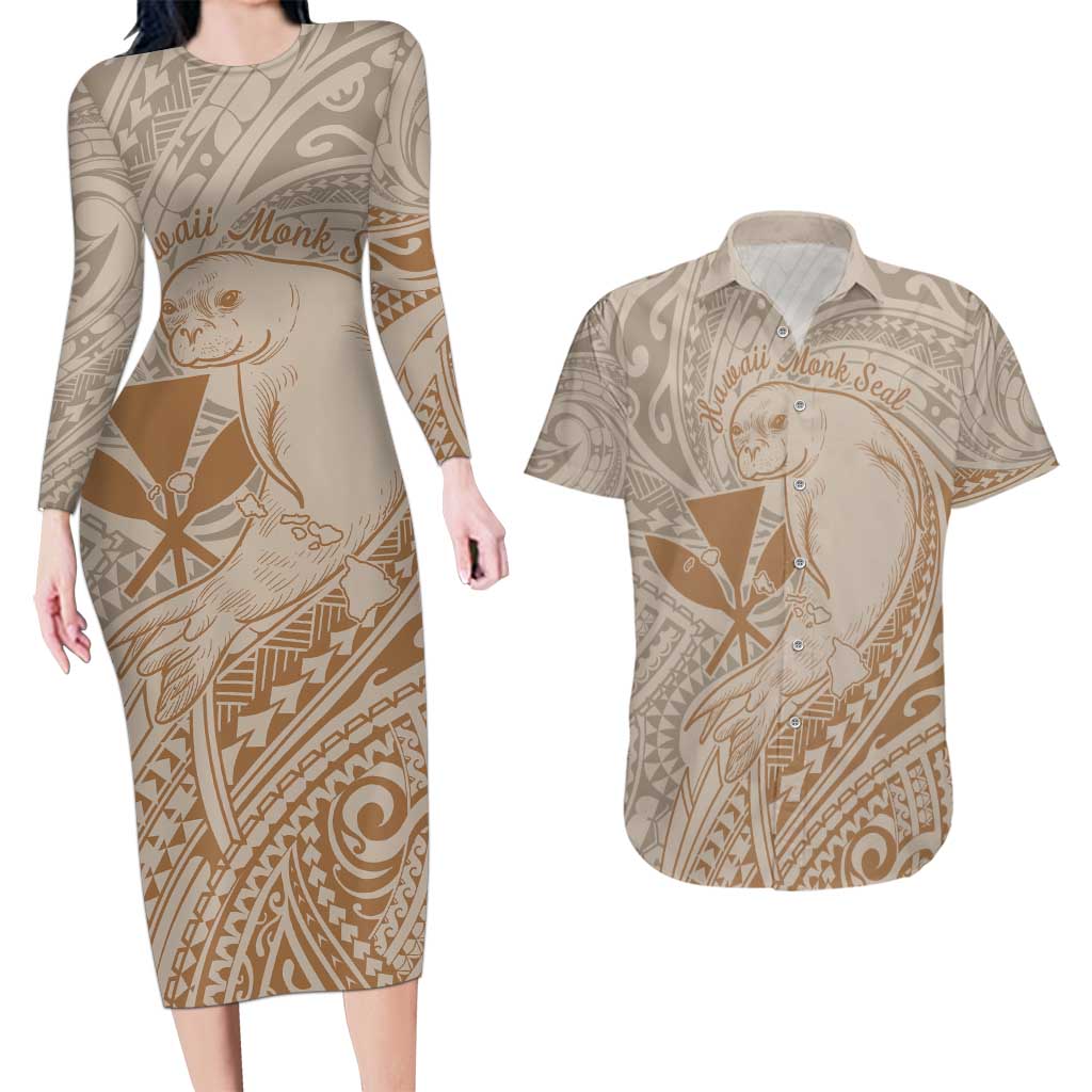 Hawaii Monk Seal and Map Couples Matching Long Sleeve Bodycon Dress and Hawaiian Shirt Polynesian Kanaka Maoli Beige Vibe