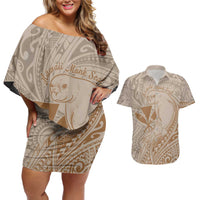 Hawaii Monk Seal and Map Couples Matching Off Shoulder Short Dress and Hawaiian Shirt Polynesian Kanaka Maoli Beige Vibe
