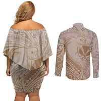 Hawaii Monk Seal and Map Couples Matching Off Shoulder Short Dress and Long Sleeve Button Shirt Polynesian Kanaka Maoli Beige Vibe