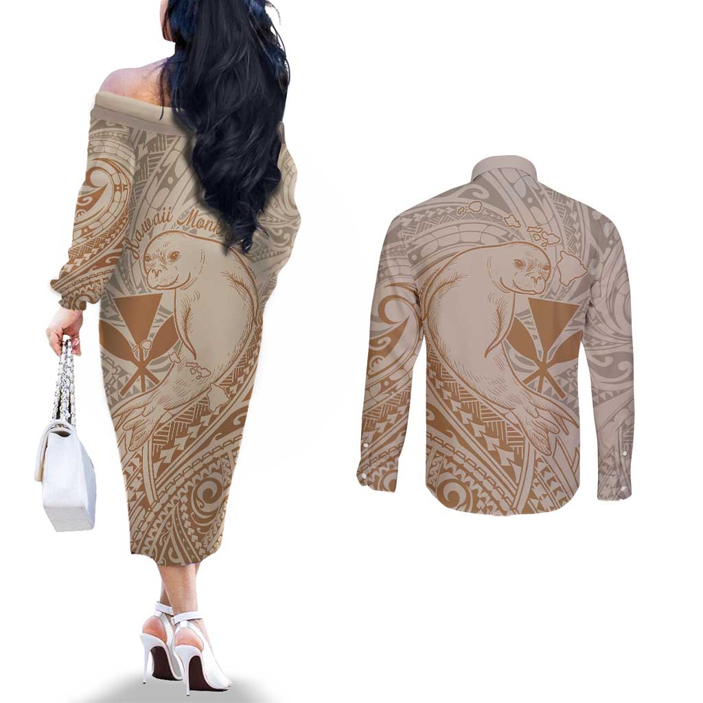Hawaii Monk Seal and Map Couples Matching Off The Shoulder Long Sleeve Dress and Long Sleeve Button Shirt Polynesian Kanaka Maoli Beige Vibe