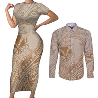 Hawaii Monk Seal and Map Couples Matching Short Sleeve Bodycon Dress and Long Sleeve Button Shirt Polynesian Kanaka Maoli Beige Vibe