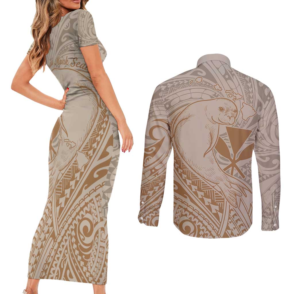Hawaii Monk Seal and Map Couples Matching Short Sleeve Bodycon Dress and Long Sleeve Button Shirt Polynesian Kanaka Maoli Beige Vibe