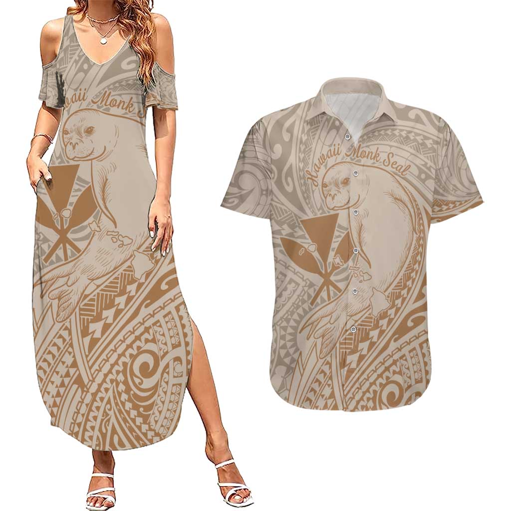 Hawaii Monk Seal and Map Couples Matching Summer Maxi Dress and Hawaiian Shirt Polynesian Kanaka Maoli Beige Vibe