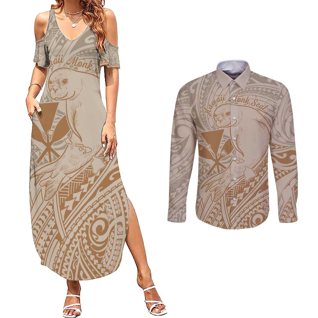 Hawaii Monk Seal and Map Couples Matching Summer Maxi Dress and Long Sleeve Button Shirt Polynesian Kanaka Maoli Beige Vibe