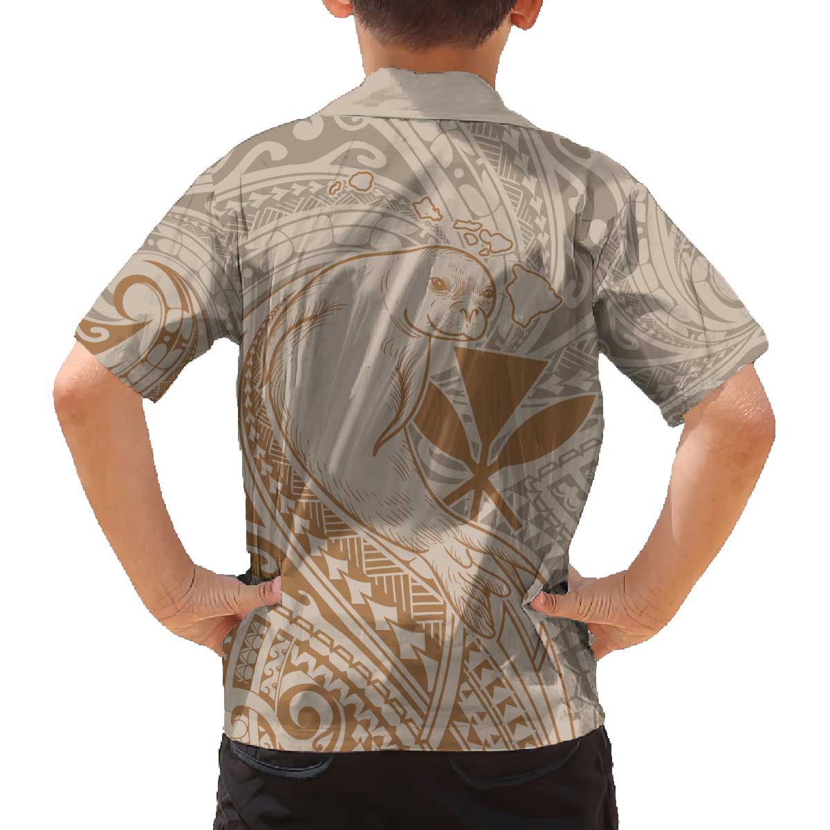 Hawaii Monk Seal and Map Family Matching Off The Shoulder Long Sleeve Dress and Hawaiian Shirt Polynesian Kanaka Maoli Beige Vibe