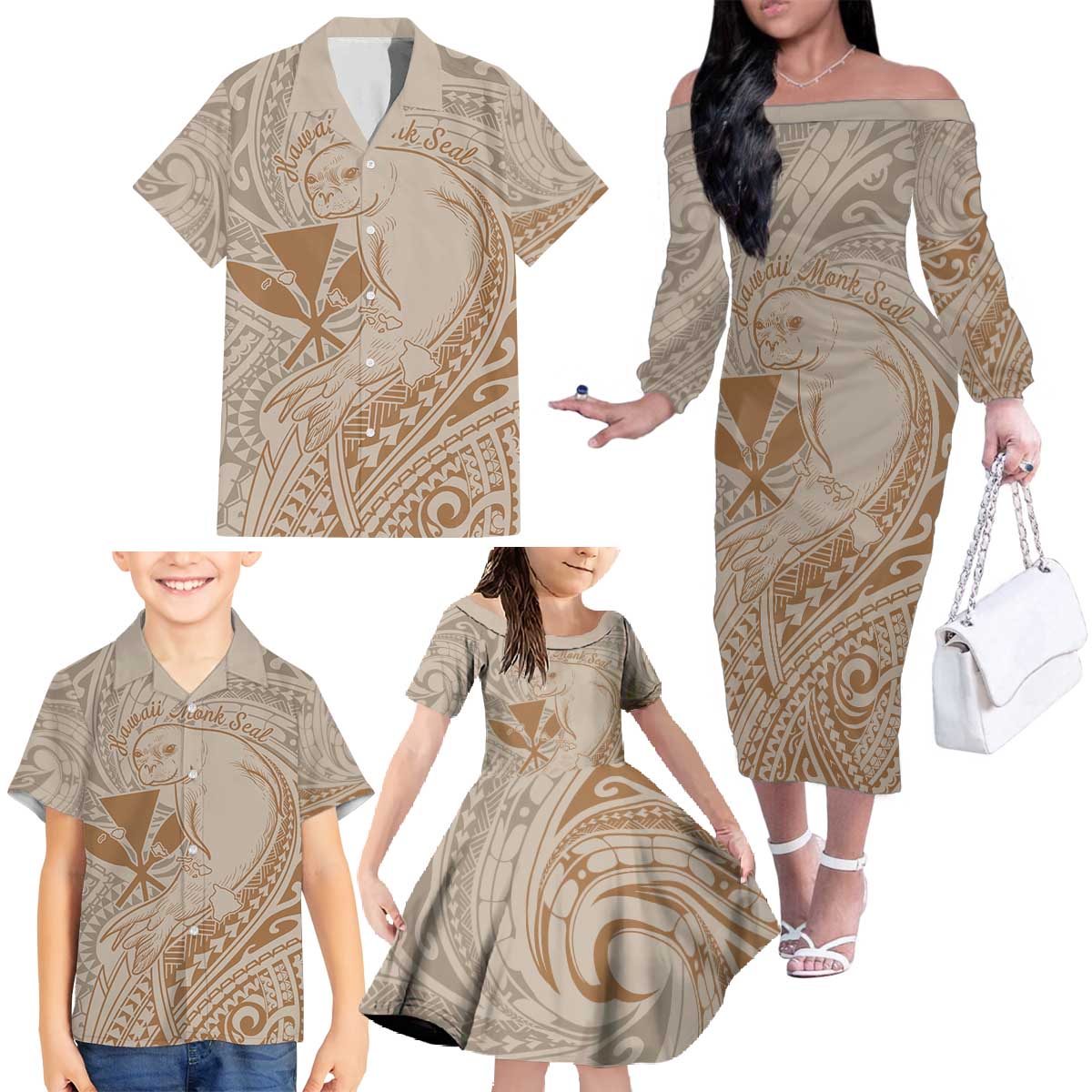 Hawaii Monk Seal and Map Family Matching Off The Shoulder Long Sleeve Dress and Hawaiian Shirt Polynesian Kanaka Maoli Beige Vibe