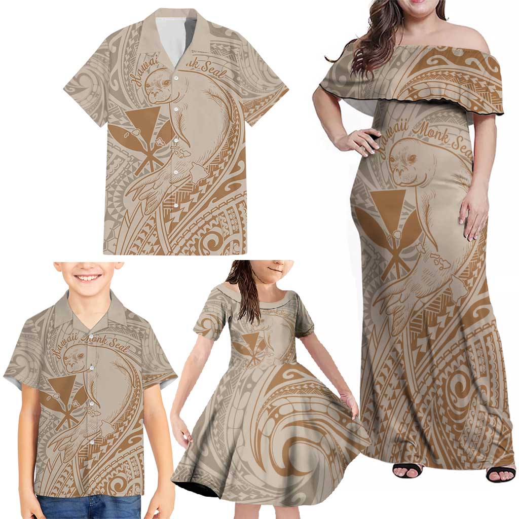 Hawaii Monk Seal and Map Family Matching Off Shoulder Maxi Dress and Hawaiian Shirt Polynesian Kanaka Maoli Beige Vibe