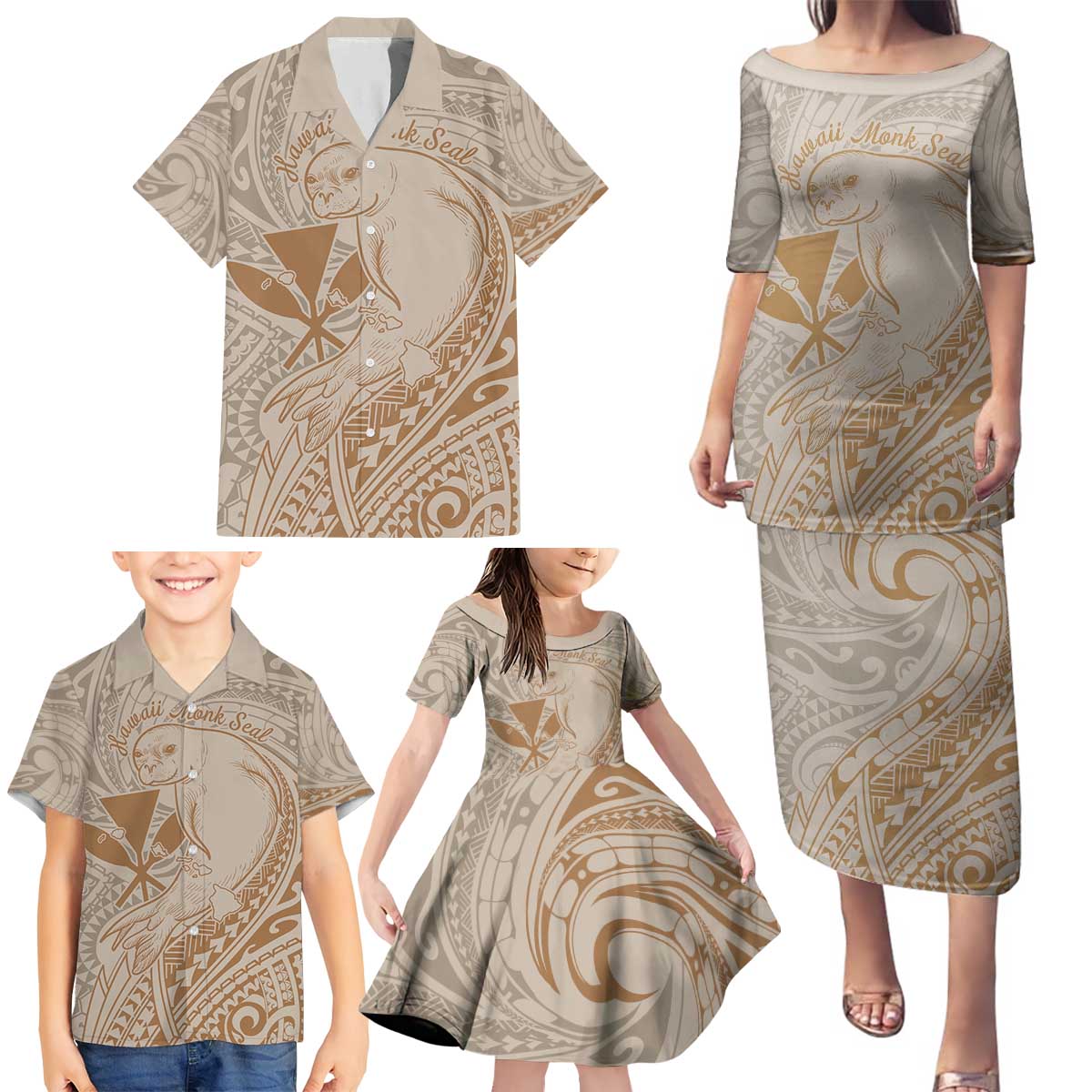 Hawaii Monk Seal and Map Family Matching Puletasi and Hawaiian Shirt Polynesian Kanaka Maoli Beige Vibe